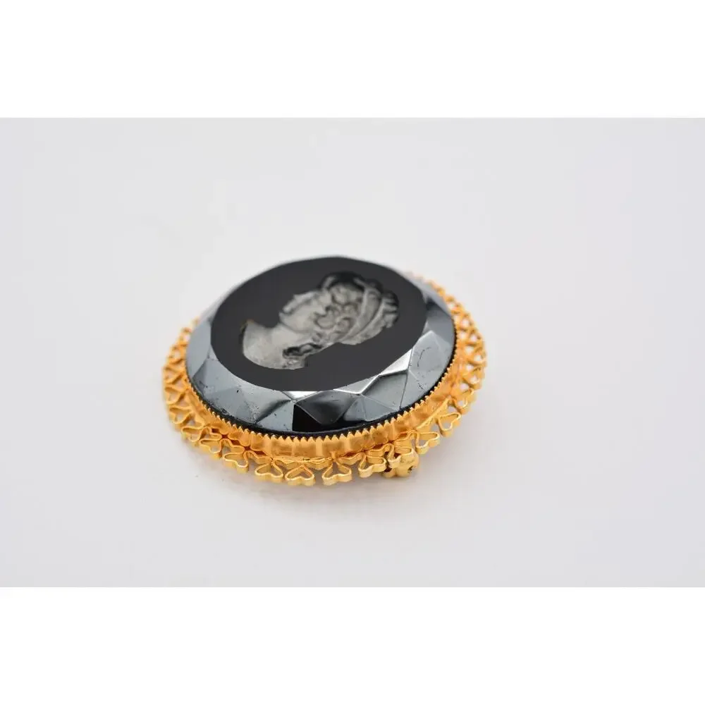 Vintage Cameo Pin Brooch Black Lucite Gunmetal Crystal Round Gold Tone 80s BinAT